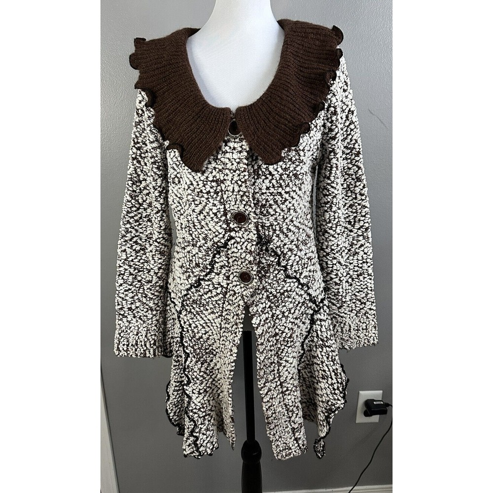 Come N See Brown White High Low Cardigan Button Front Chunky Knit Long Sweater